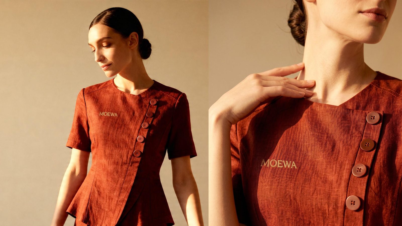 Uniforme terracota com bordado dourado da MOEWA